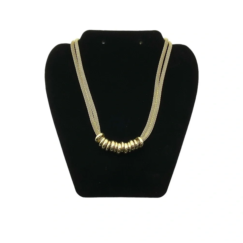 Mesh Chain With Gold Rings Double Strand Statement Necklace - Picture 6 of 9